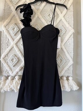 NWT Mango Black One-Shoulder Ruffle Strap Mini Dress